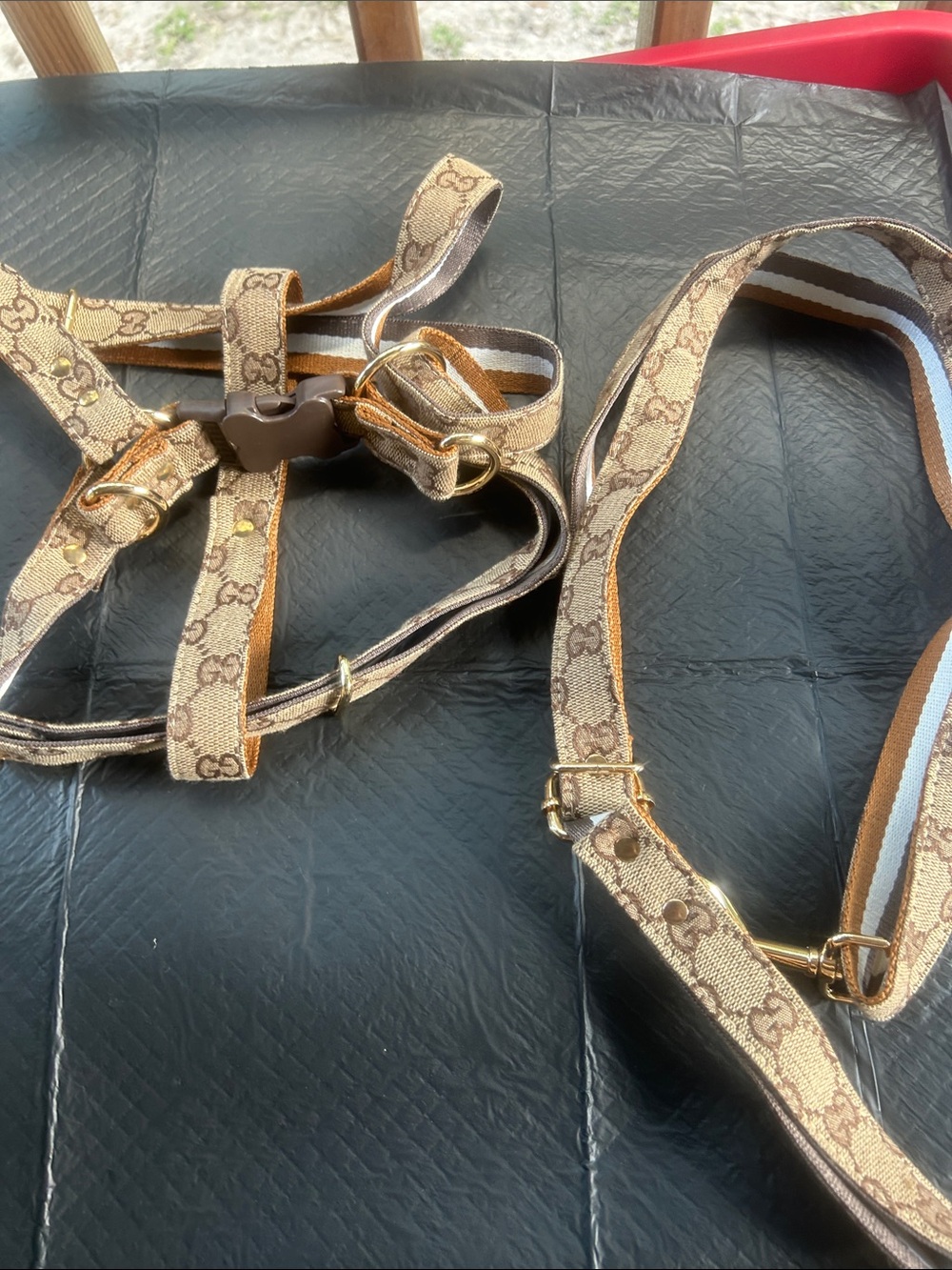 Designer-Inspired Dog Harness and Leash Set. Brand new. Size medium adjustable.